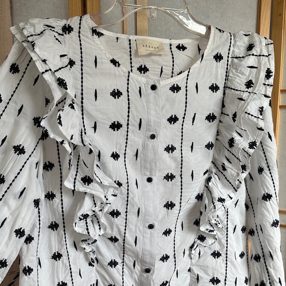 Sézane Embroidered Ruffle Blouse White Black Cotton Size 42 - Picture 2 of 12